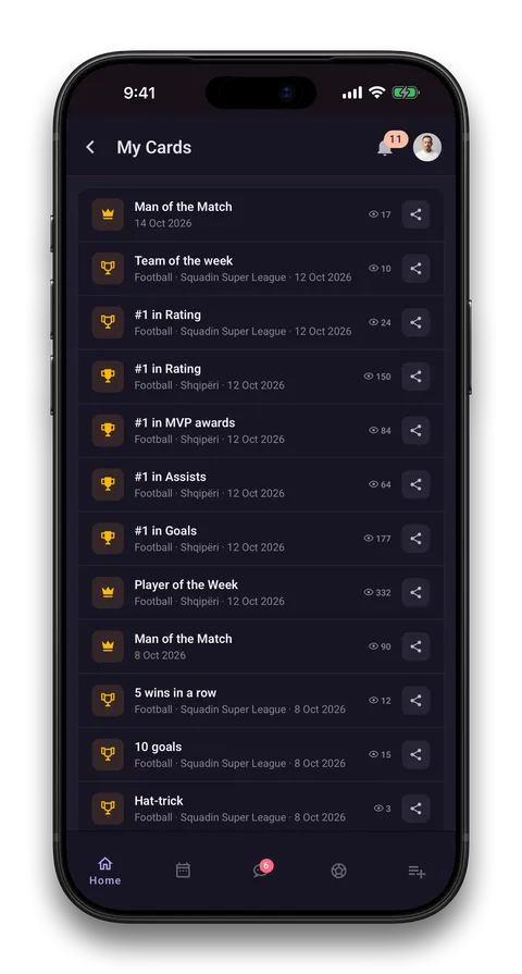 Squadin app screen: Leaders, XP, medals and friends