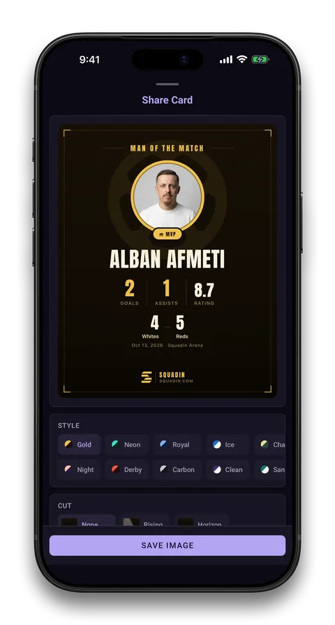 Squadin app screen: A card with your real numbers