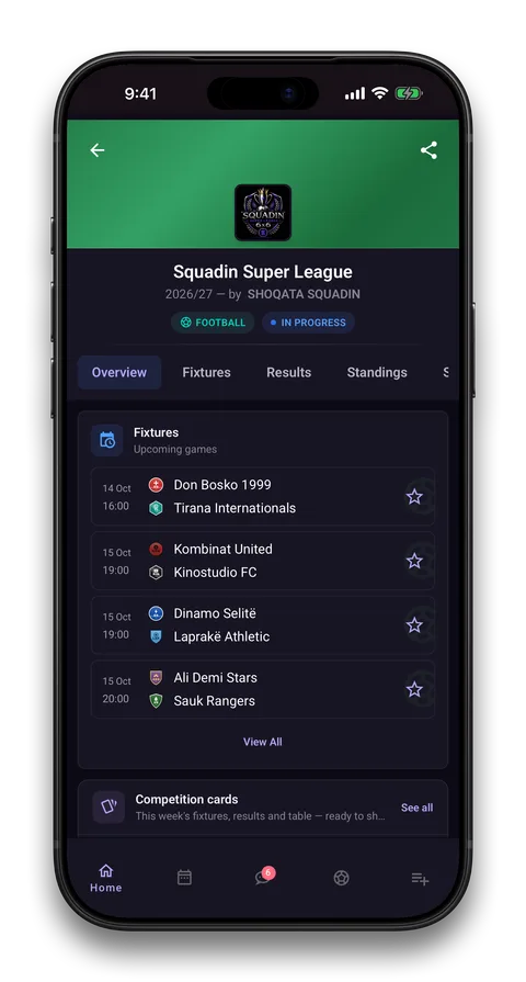 Squadin app screen: Applications and entry fees