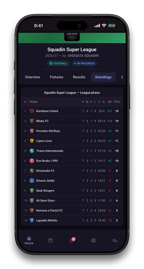 Squadin app screen: Standings that update themselves