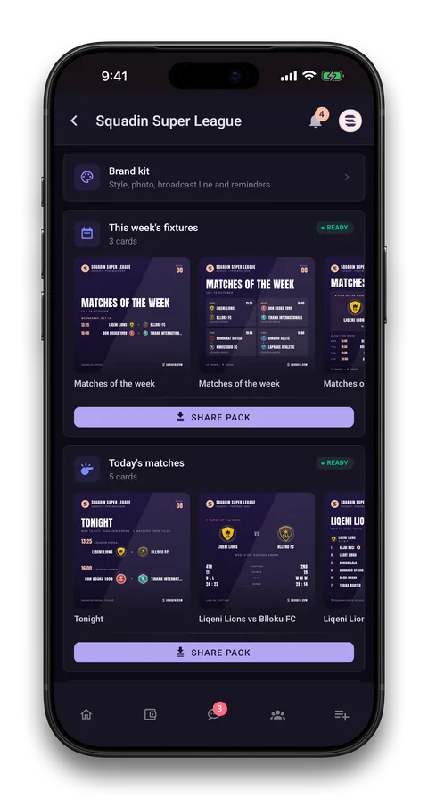 Squadin app screen: A card studio with your brand kit