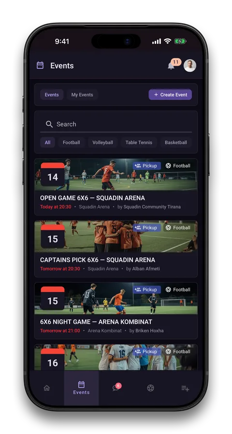 Squadin app screen: Open games tonight