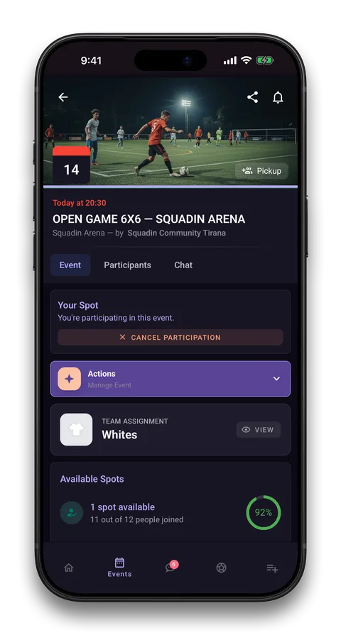 Squadin app screen: Open games, every night