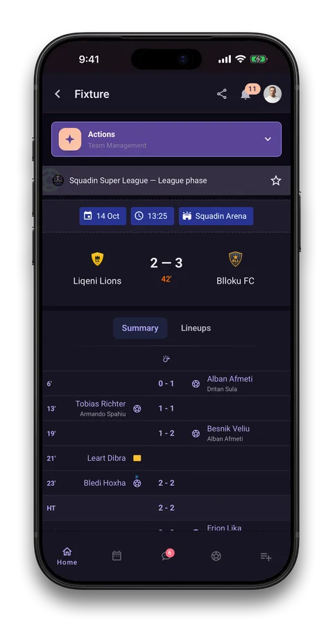 Squadin app screen: Live match