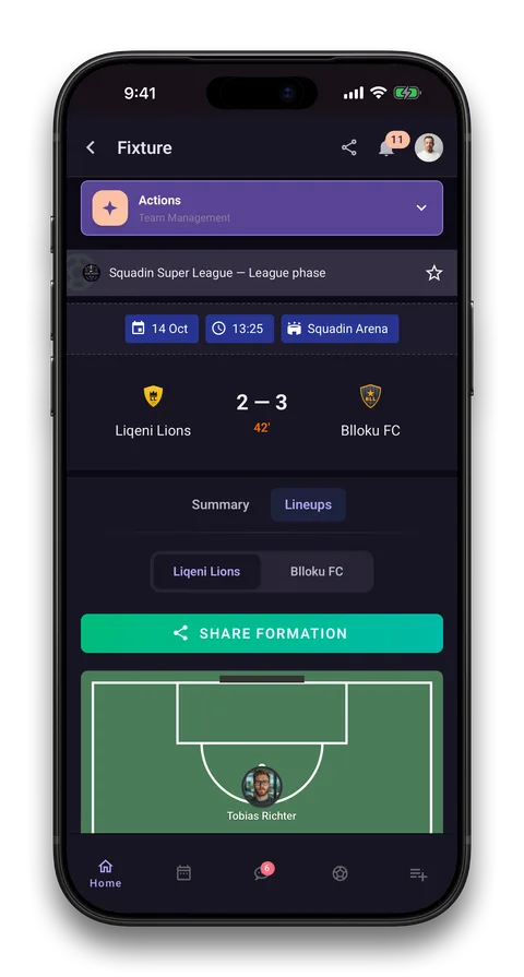 Squadin app screen: Live scores and lineups