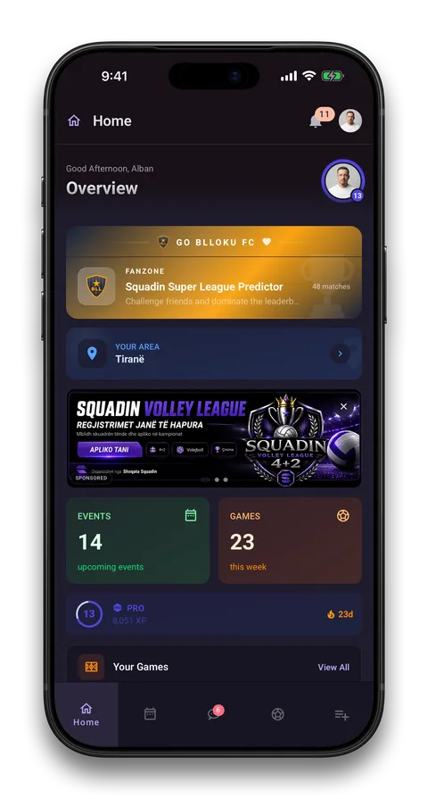 Squadin app screen: Staff accounts and notifications