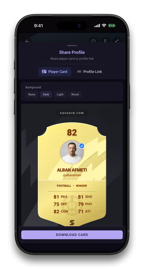 Squadin app screen: Your player card