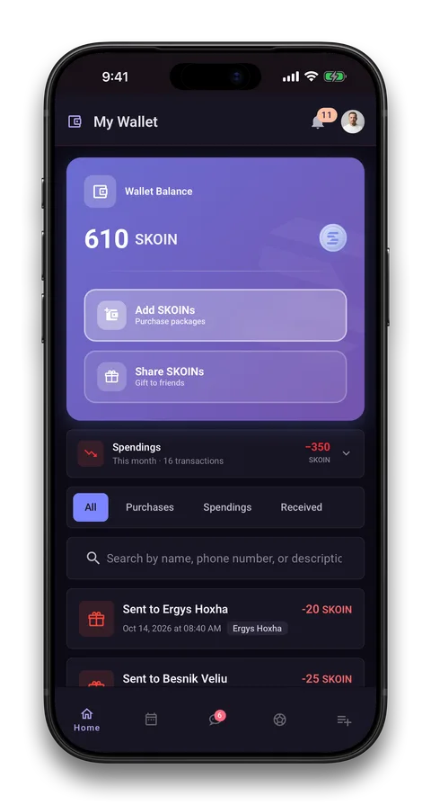 Squadin app screen: Wallet, payouts and invoices