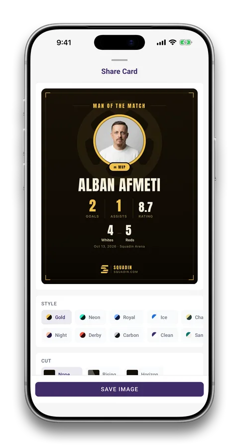 Squadin app screen: A card with your real numbers