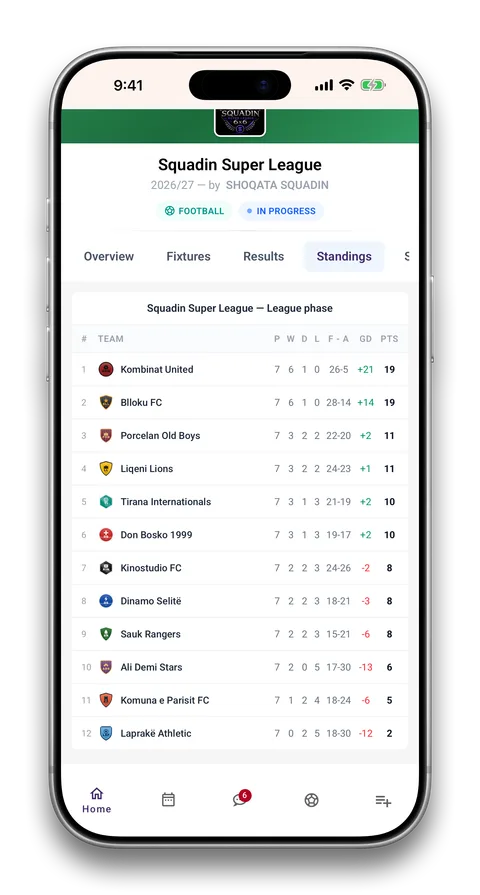 Squadin app screen: Standings that update themselves