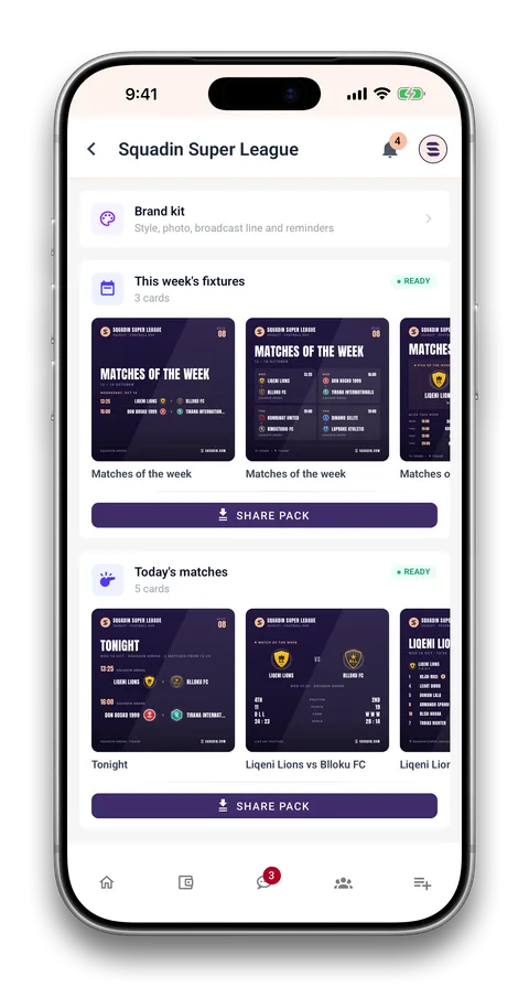 Squadin app screen: A card studio with your brand kit