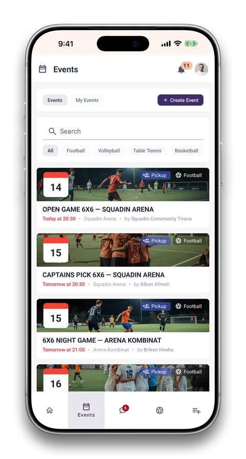Squadin app screen: Open games tonight