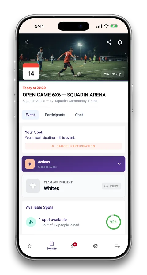 Squadin app screen: Open games, every night