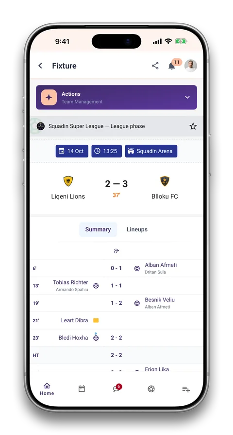 Squadin app screen: Live match