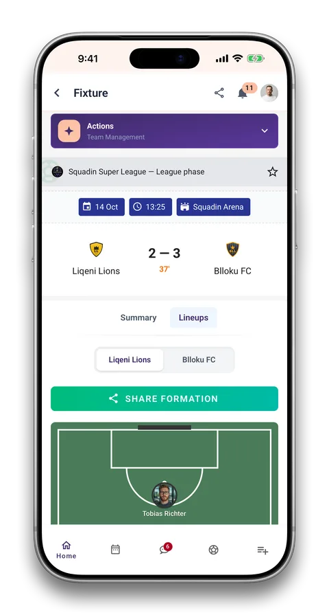 Squadin app screen: Live scores and lineups