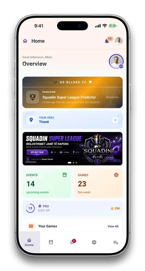 Squadin app screen: Staff accounts and notifications