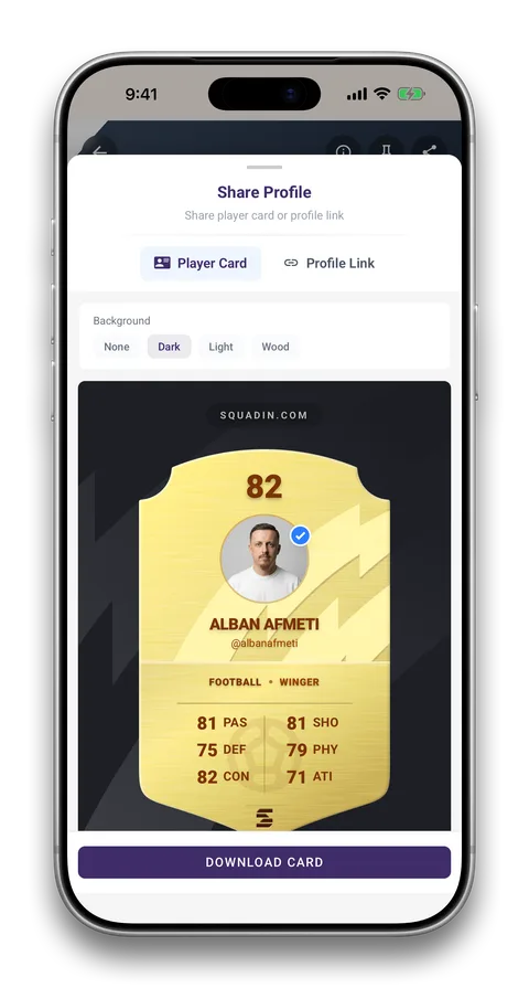 Squadin app screen: Your player card