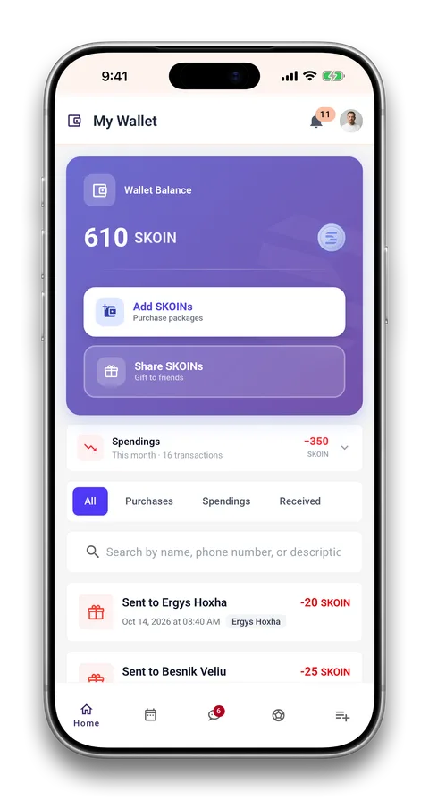Squadin app screen: Wallet, payouts and invoices