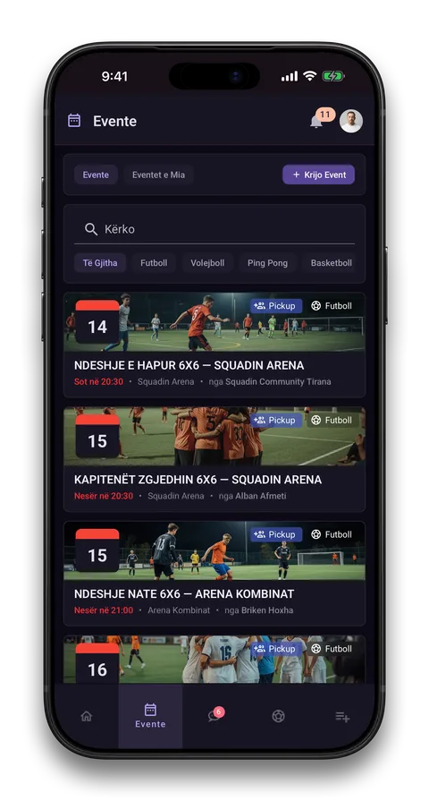 Ekran i aplikacionit Squadin: Ndeshje të hapura, çdo mbrëmje