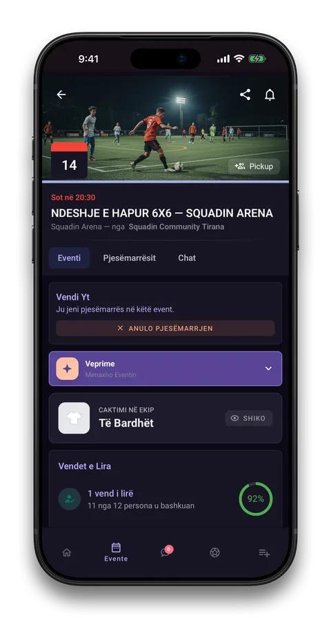 Ekran i aplikacionit Squadin: Ndeshje të hapura, çdo mbrëmje