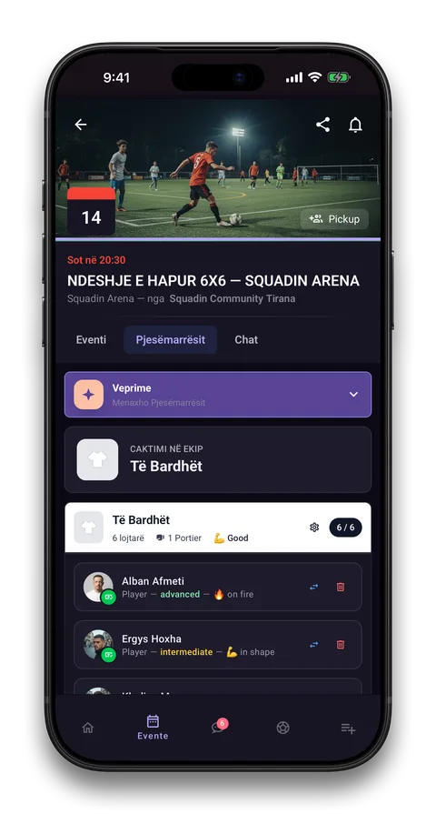 Ekran i aplikacionit Squadin: Ndeshje që mbushen vetë