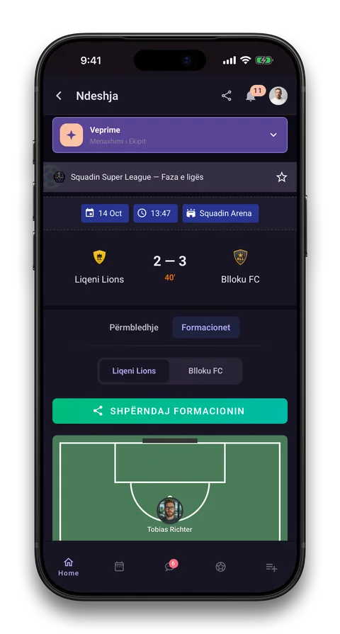 Ekran i aplikacionit Squadin: Rezultate dhe formacione live
