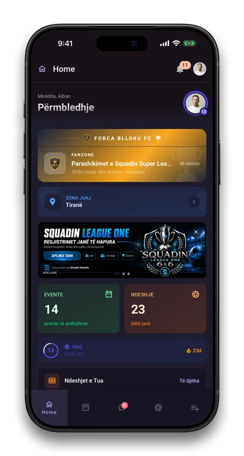 Ekran i aplikacionit Squadin: Llogari për stafin dhe njoftime