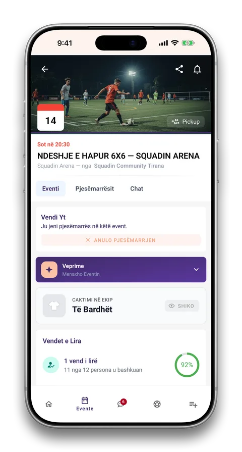 Ekran i aplikacionit Squadin: Ndeshje të hapura, çdo mbrëmje