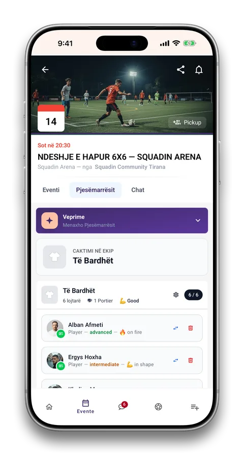 Ekran i aplikacionit Squadin: Ndeshje që mbushen vetë