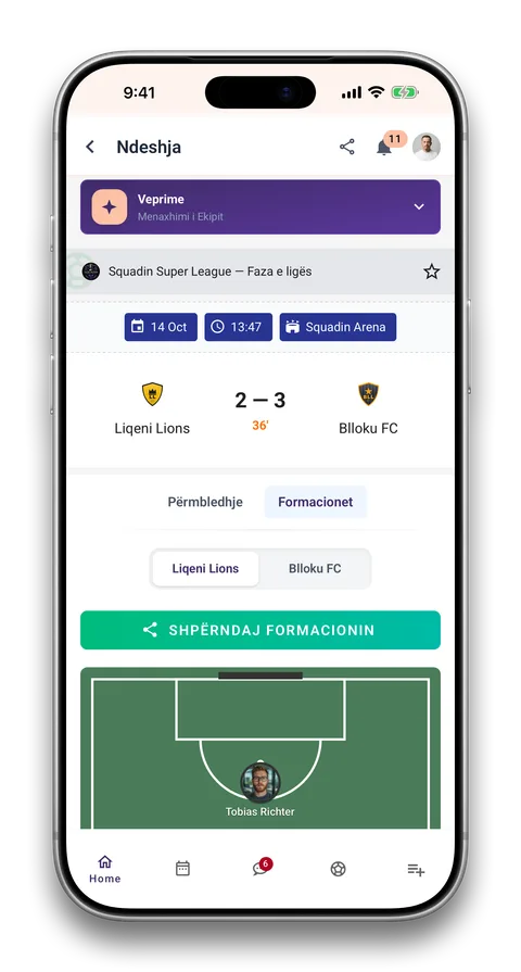 Ekran i aplikacionit Squadin: Rezultate dhe formacione live