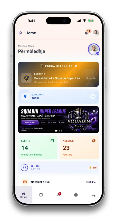 Ekran i aplikacionit Squadin: Llogari për stafin dhe njoftime