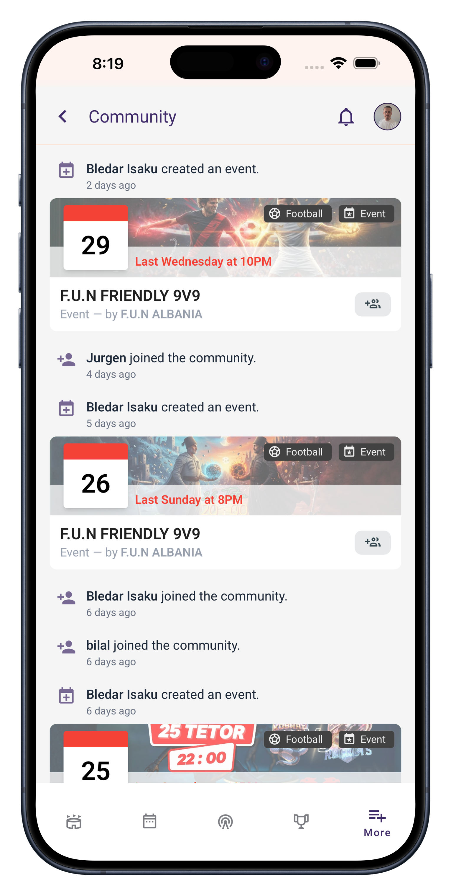 Sports community feed displaying news, updates, player interactions, and league announcements