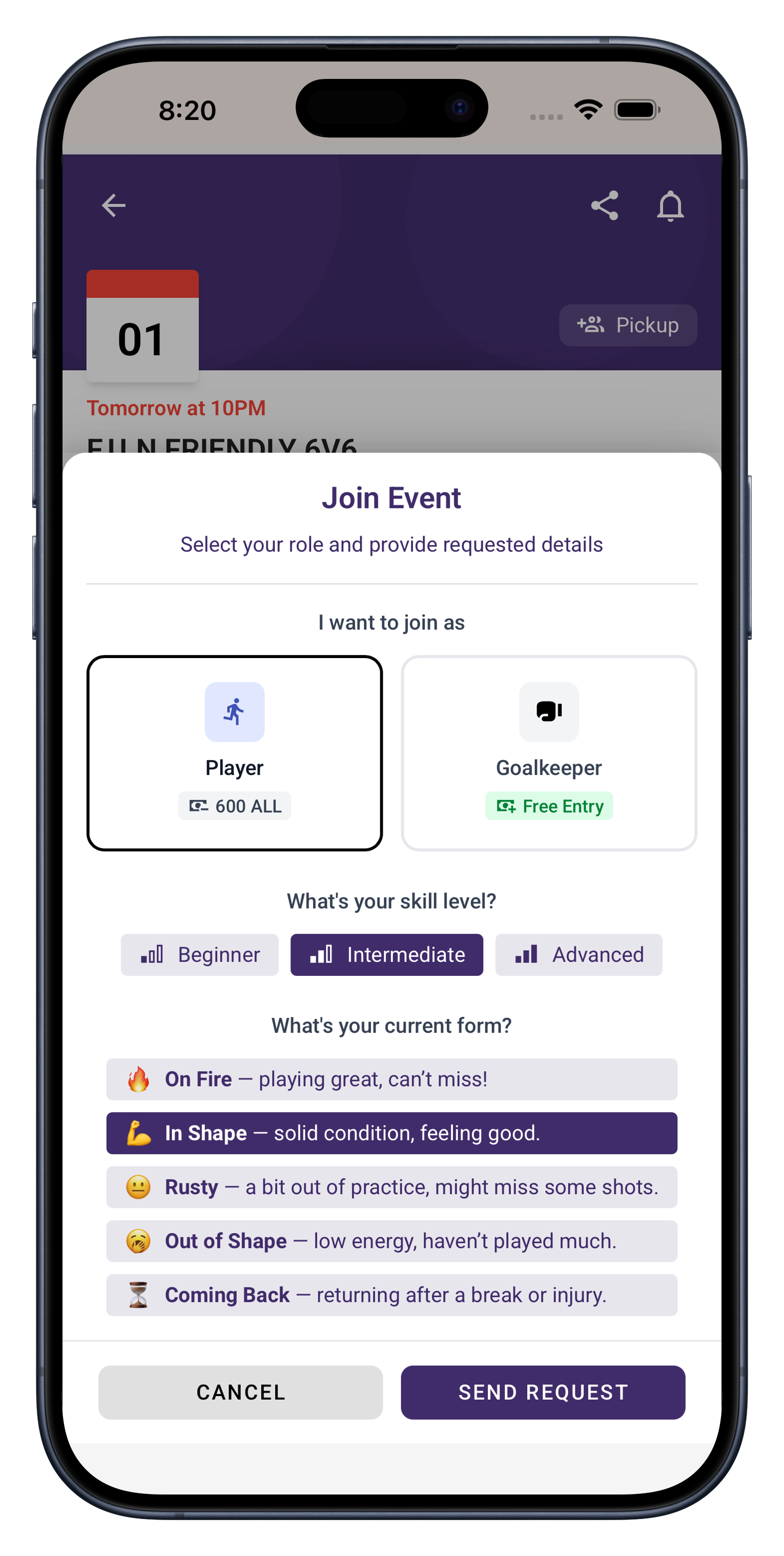 Join sports events screen displaying event details, participant list, and quick sign-up options for players
