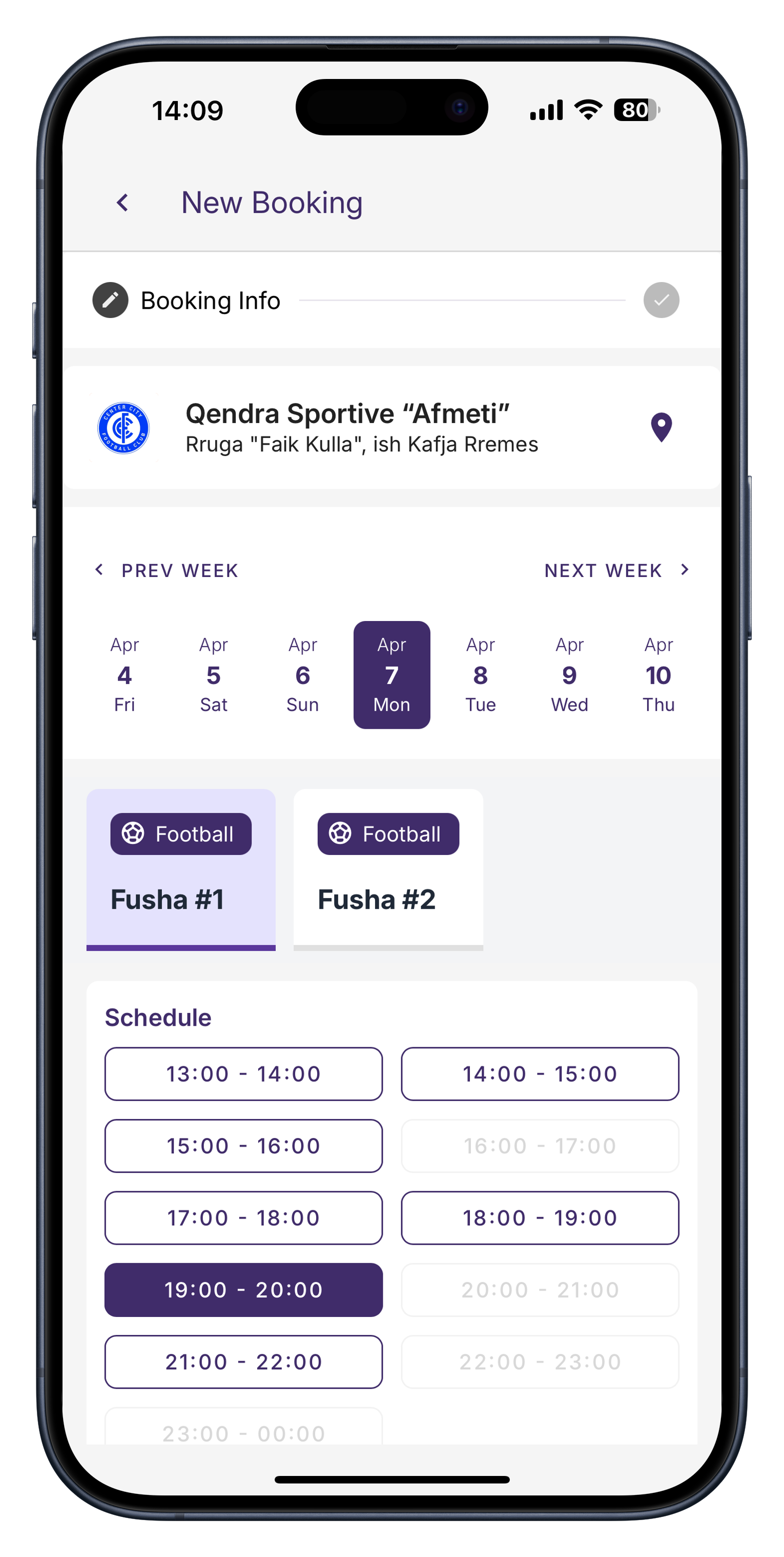 New venue booking form with date selection, time slots, and instant confirmation for sports facility reservations